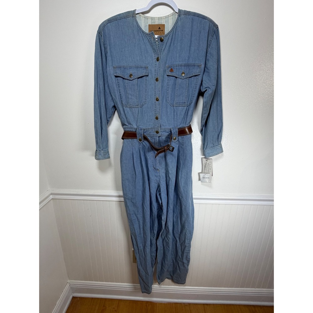 Liz Claiborne Vintage Denim Jumpsuit Light Wash Cotton Belted NWT Size 14